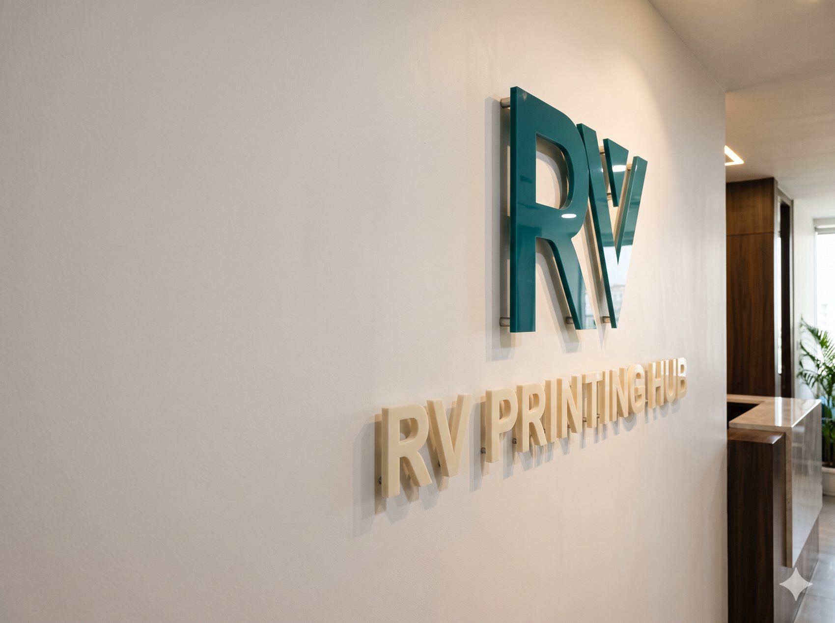3D acrylic logo signage on a reception wall by RV Printing Hub, Delhi