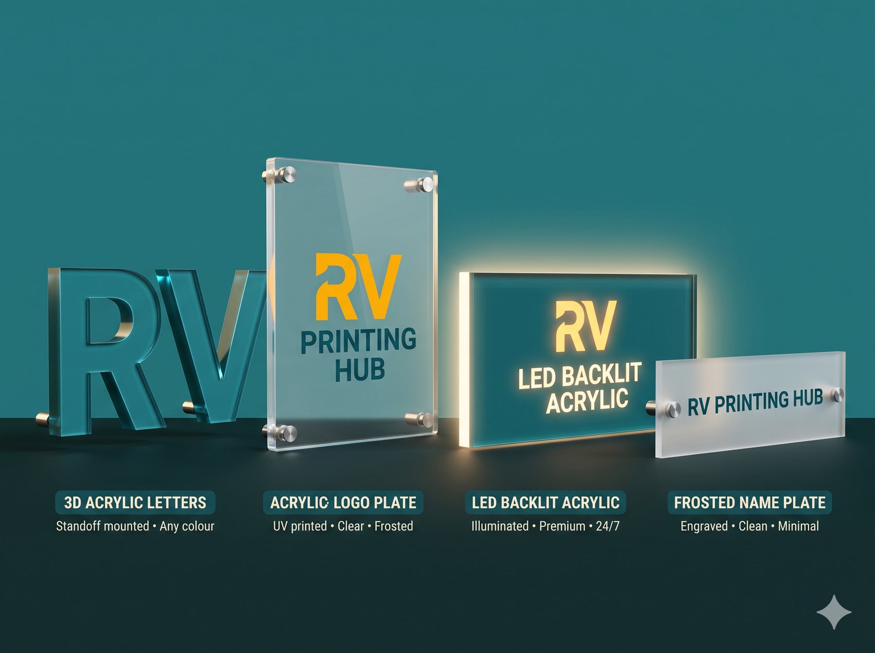 3D acrylic letters, logo plate, LED backlit sign and frosted name plate