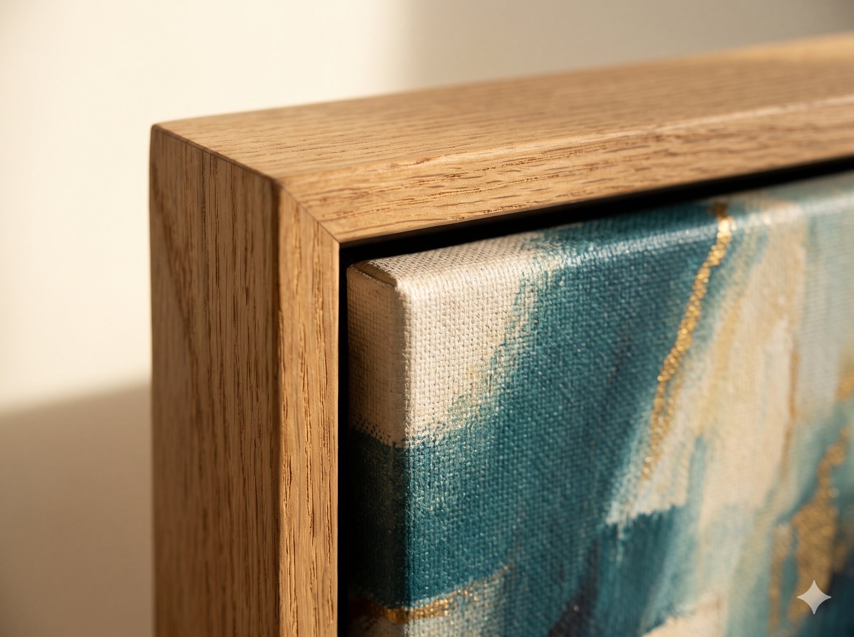 Close-up of a wooden floater frame on a canvas edge