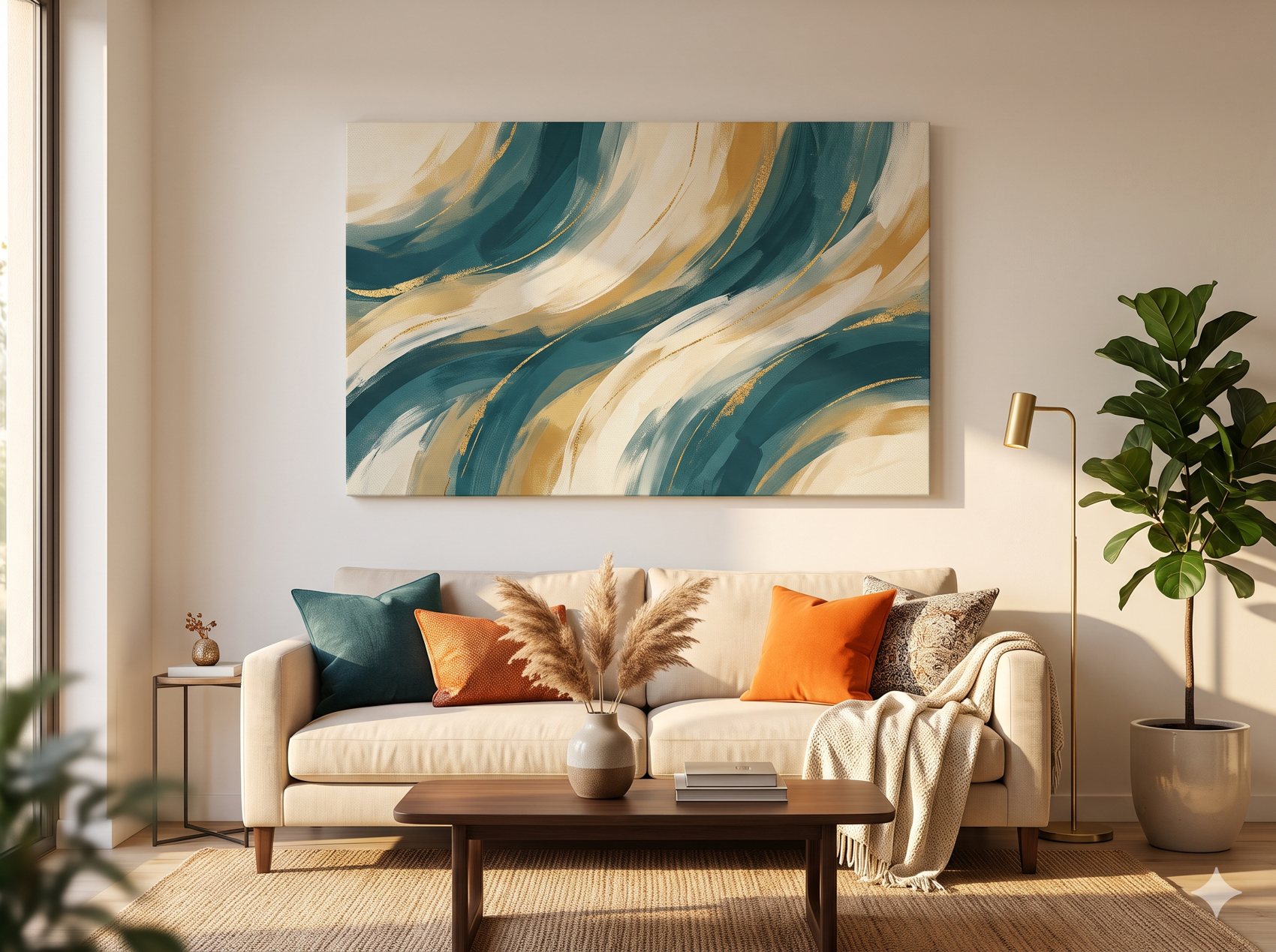 Large abstract canvas painting hung above a sofa in a bright living room