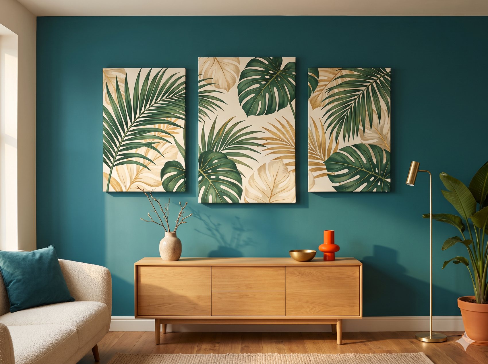 Set of three canvas panels arranged on a feature wall