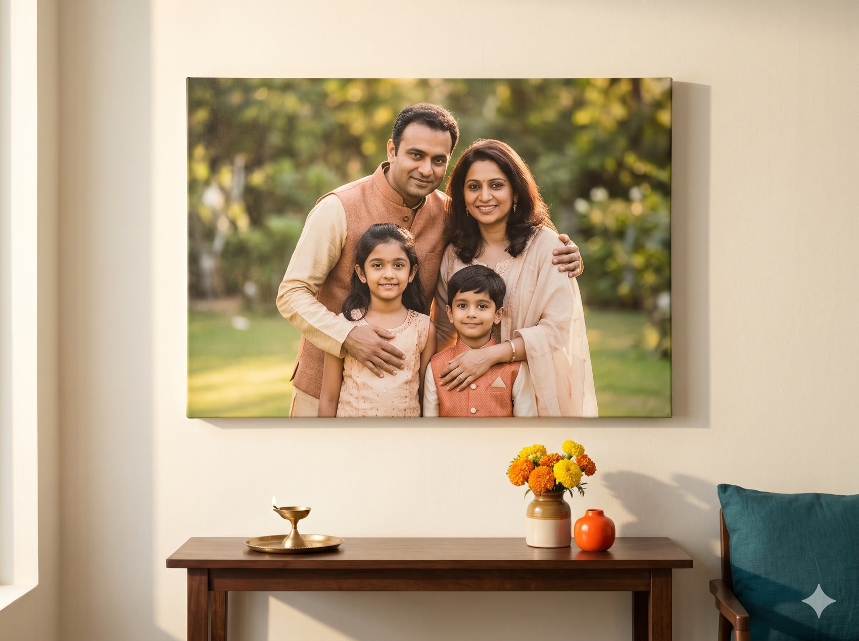A family photo printed as a canvas painting on a home wall
