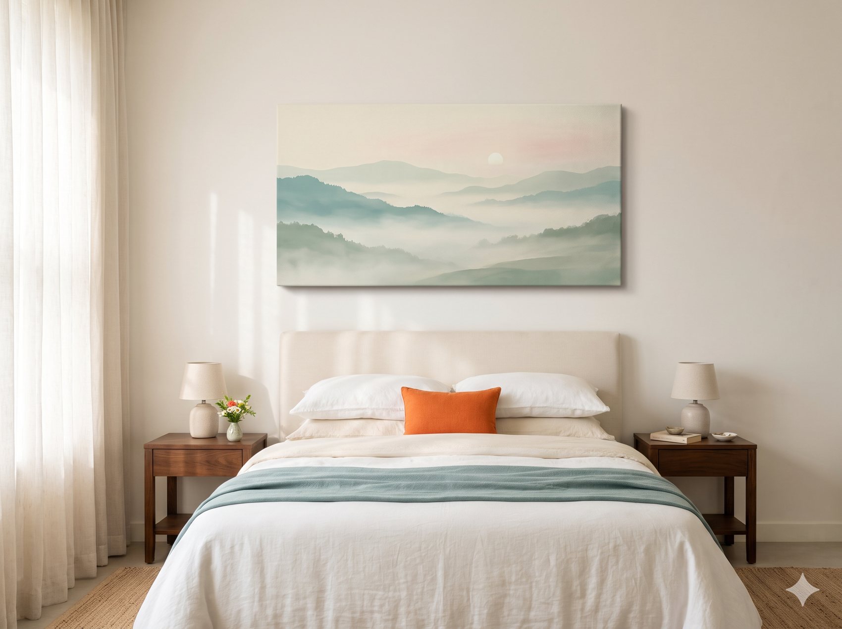 Calming canvas art above a bed in a serene bedroom