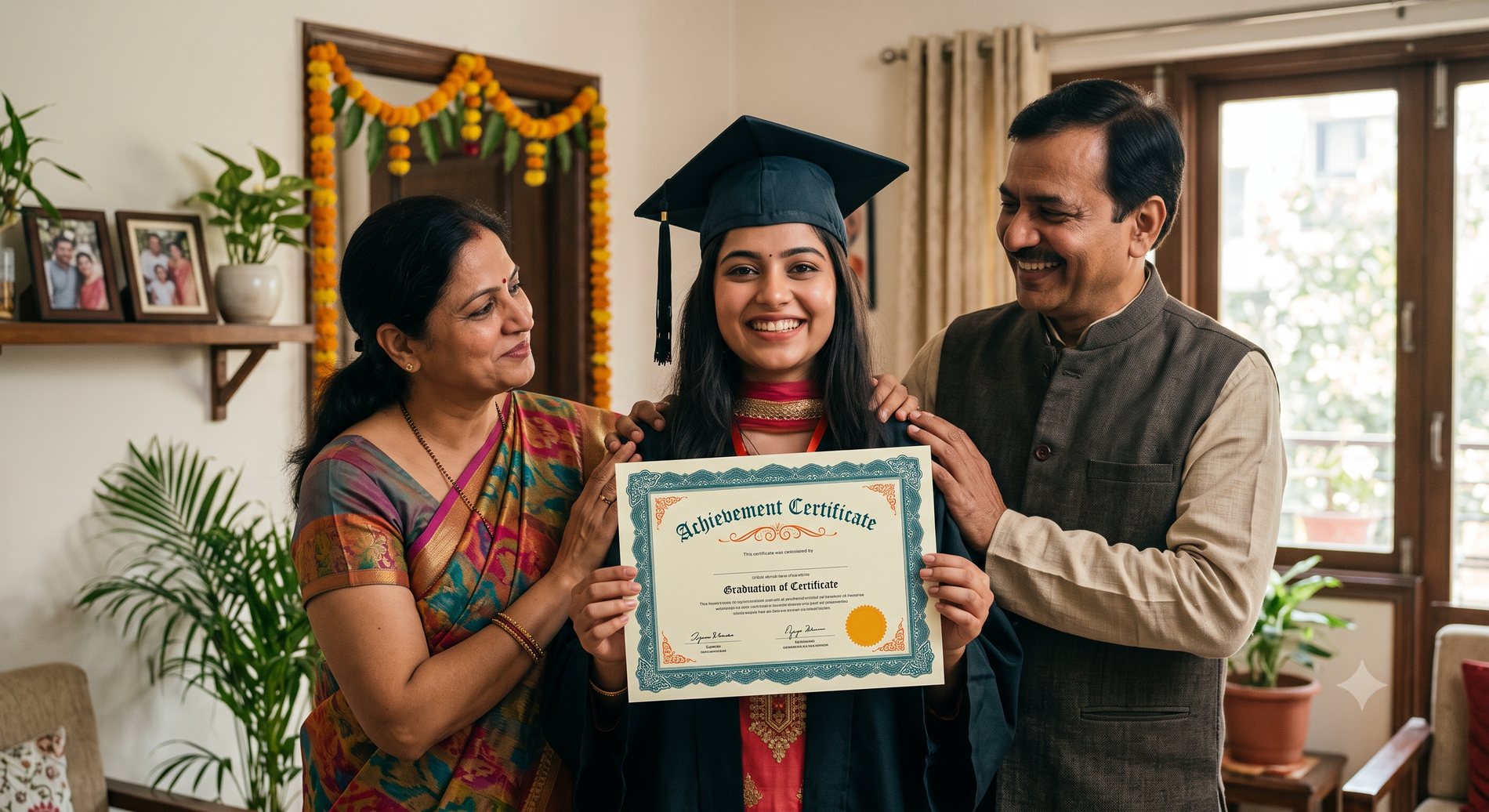 A proud graduate holding an achievement certificate printed by RV Printing Hub, Delhi