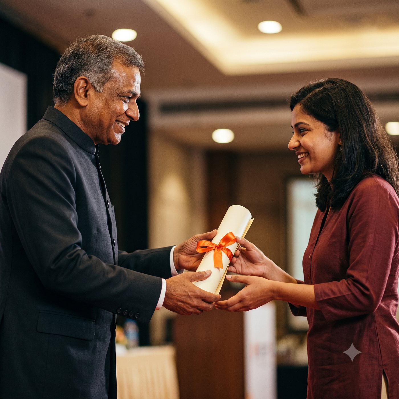 Hands presenting a printed certificate