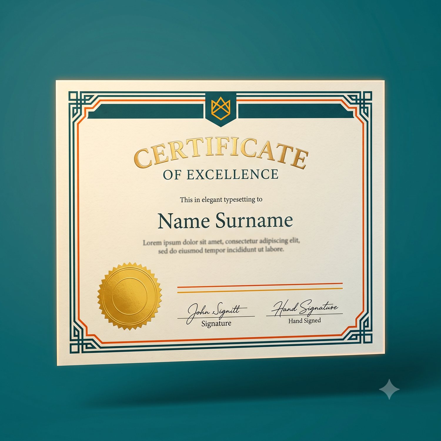 Gold-foil Certificate of Excellence printed by RV Printing Hub, Delhi