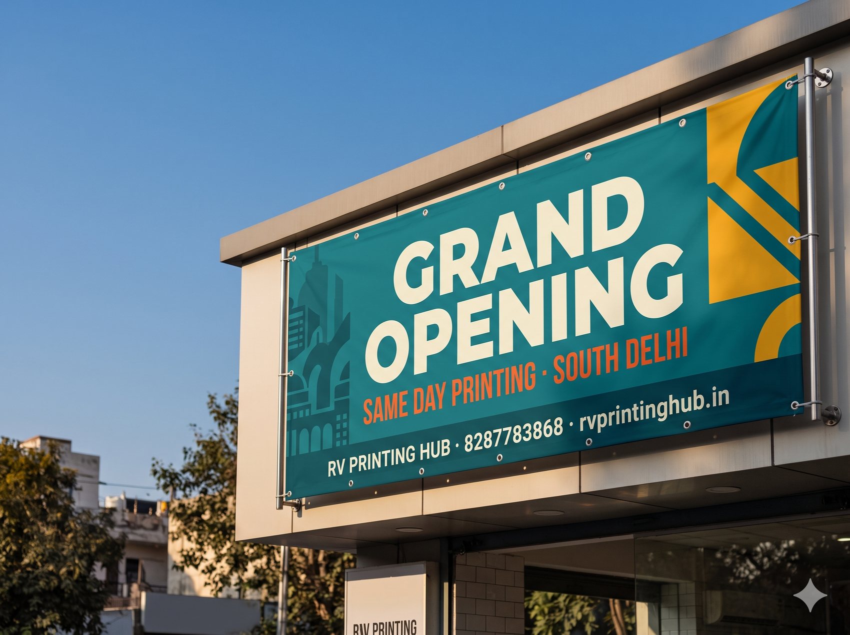 Flex banner printed and installed by RV Printing Hub, Delhi