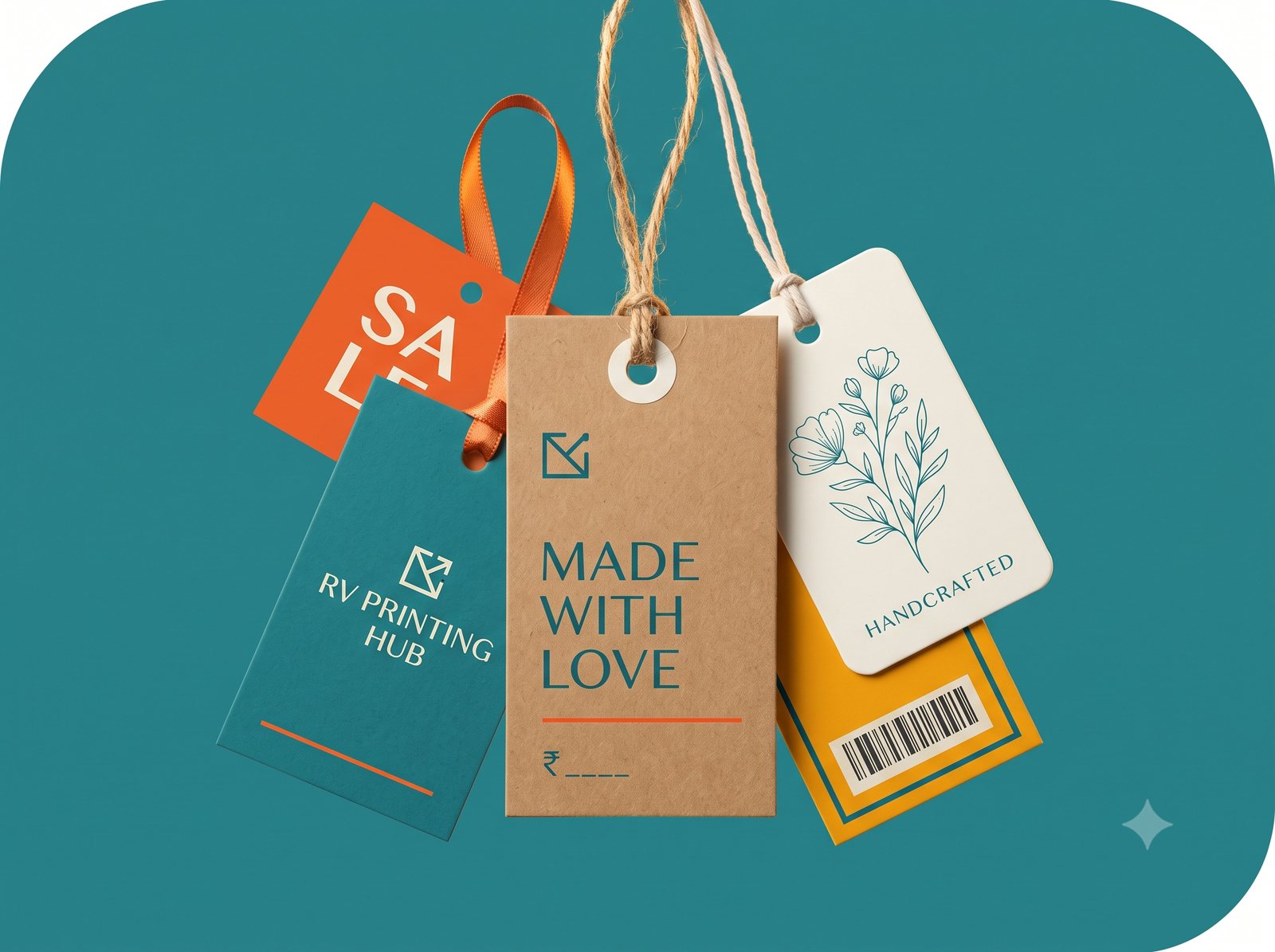 Custom hang tags and price tags printed by RV Printing Hub, Delhi