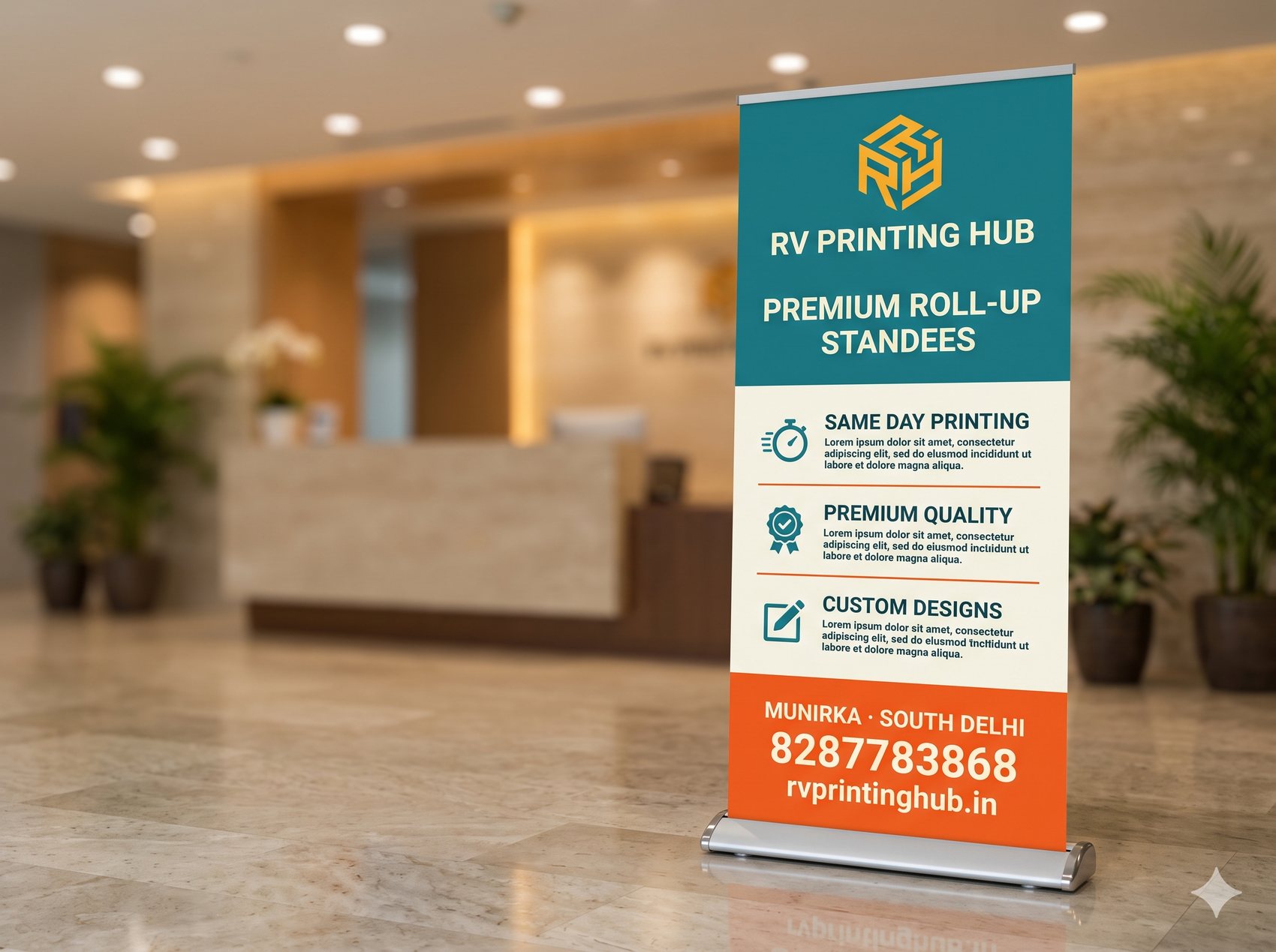 Roll-up standee printed by RV Printing Hub, Delhi