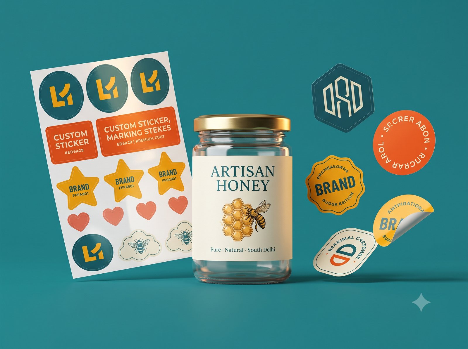 Custom stickers and labels printed by RV Printing Hub, Delhi