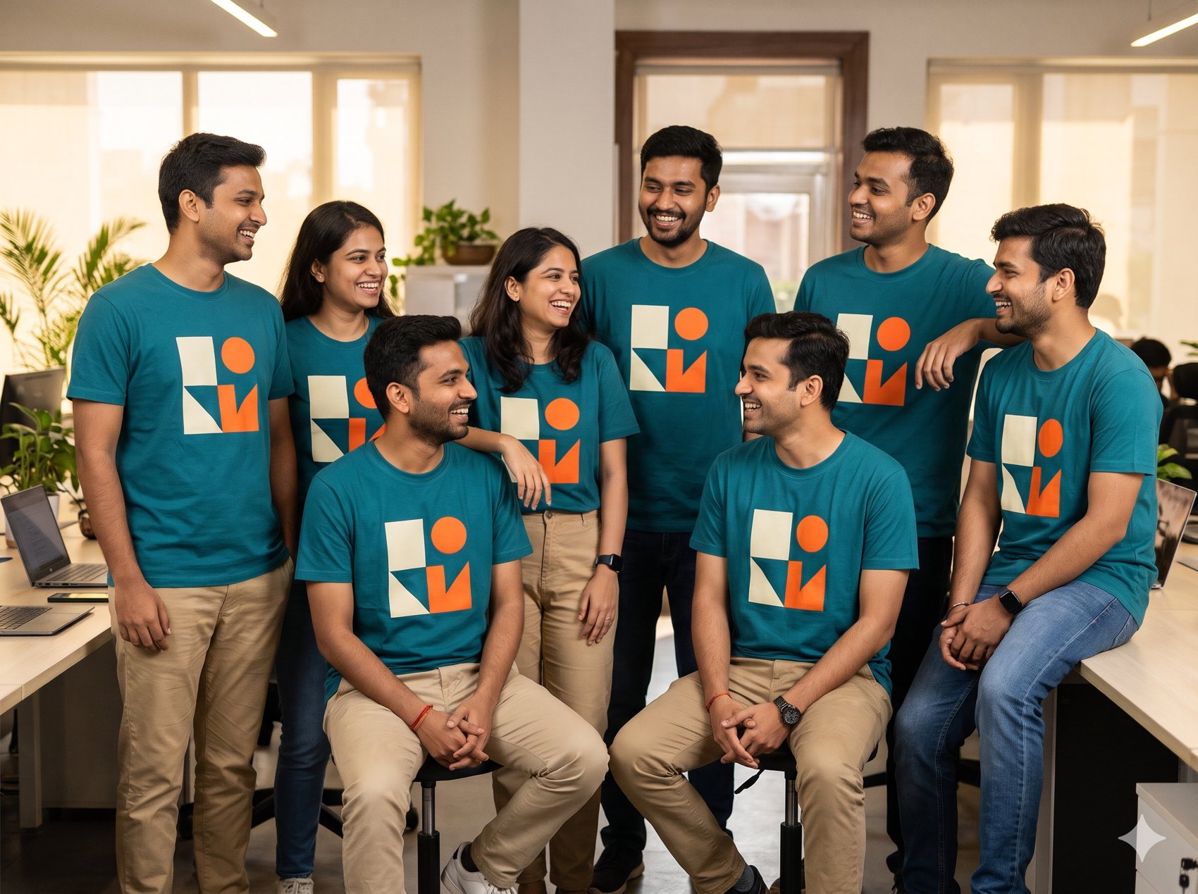 Office team wearing matching custom-printed t-shirts by RV Printing Hub, Delhi