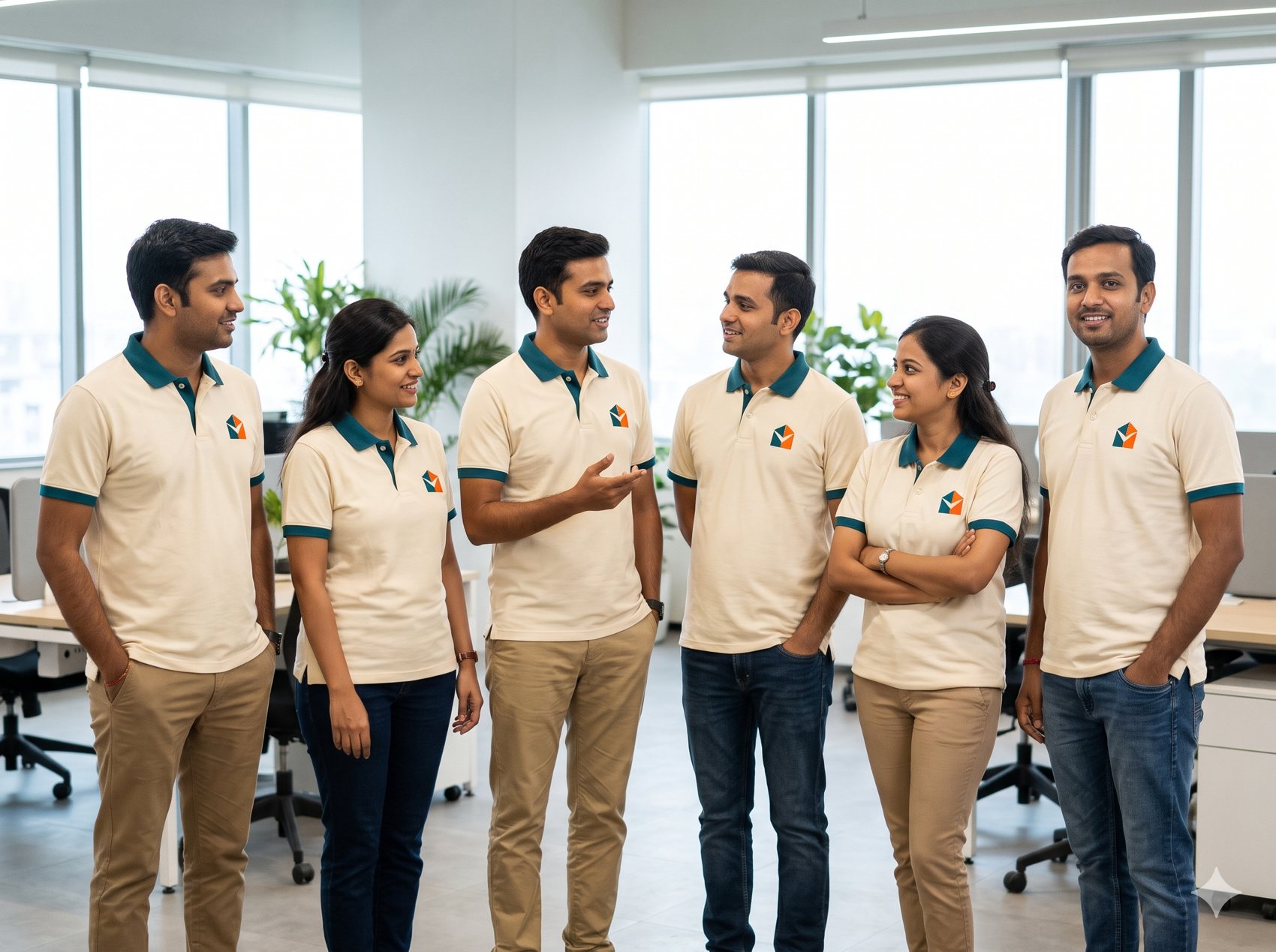 Corporate team in matching branded t-shirts