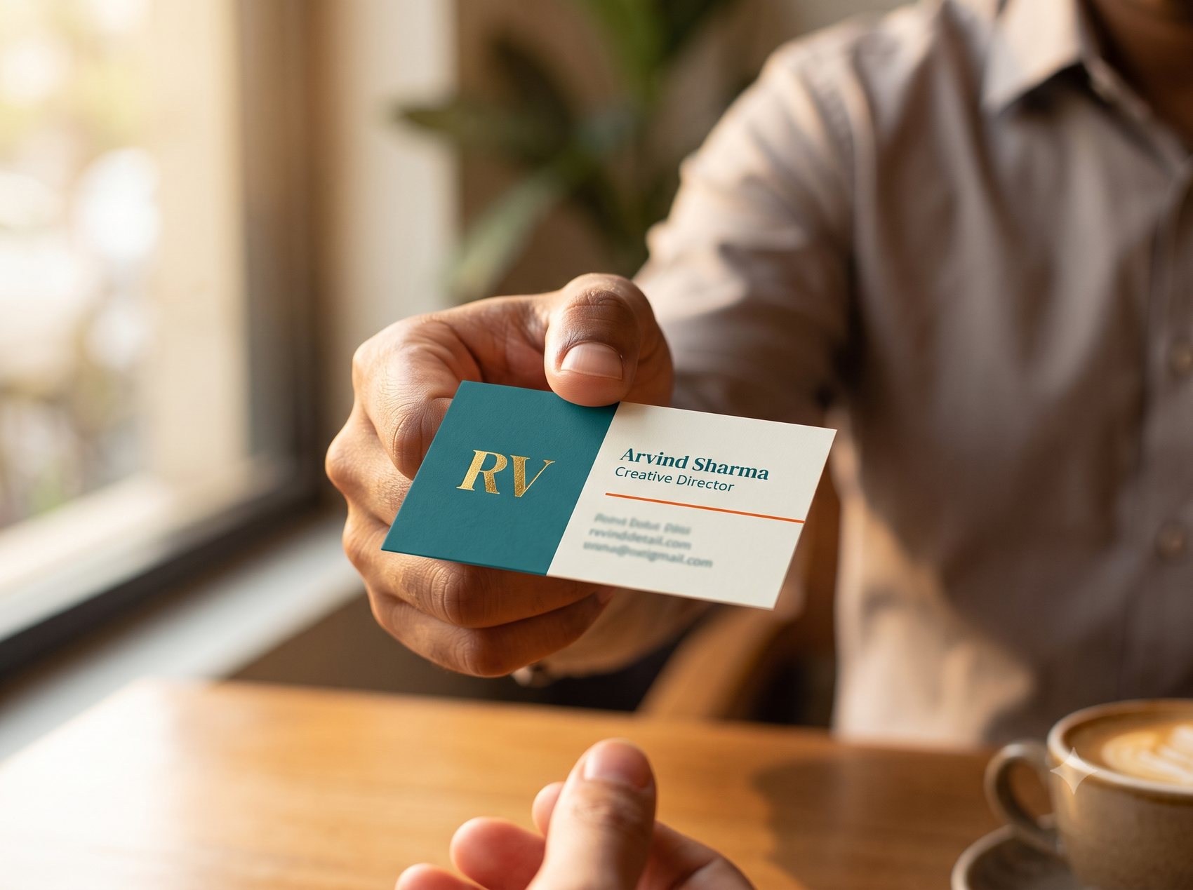 Handing over a visiting card printed by RV Printing Hub